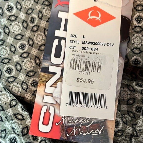 NWT Cinch Womens Olive Green Black and White Patterned Shirt Size L - Picture 3 of 9